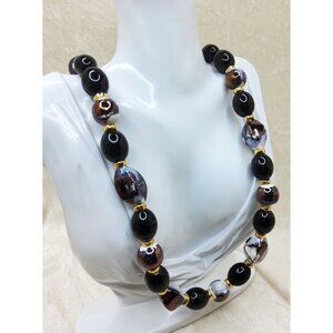 Vintage Japan Beaded Necklace With Gold Black & Brown Acrylic Beads